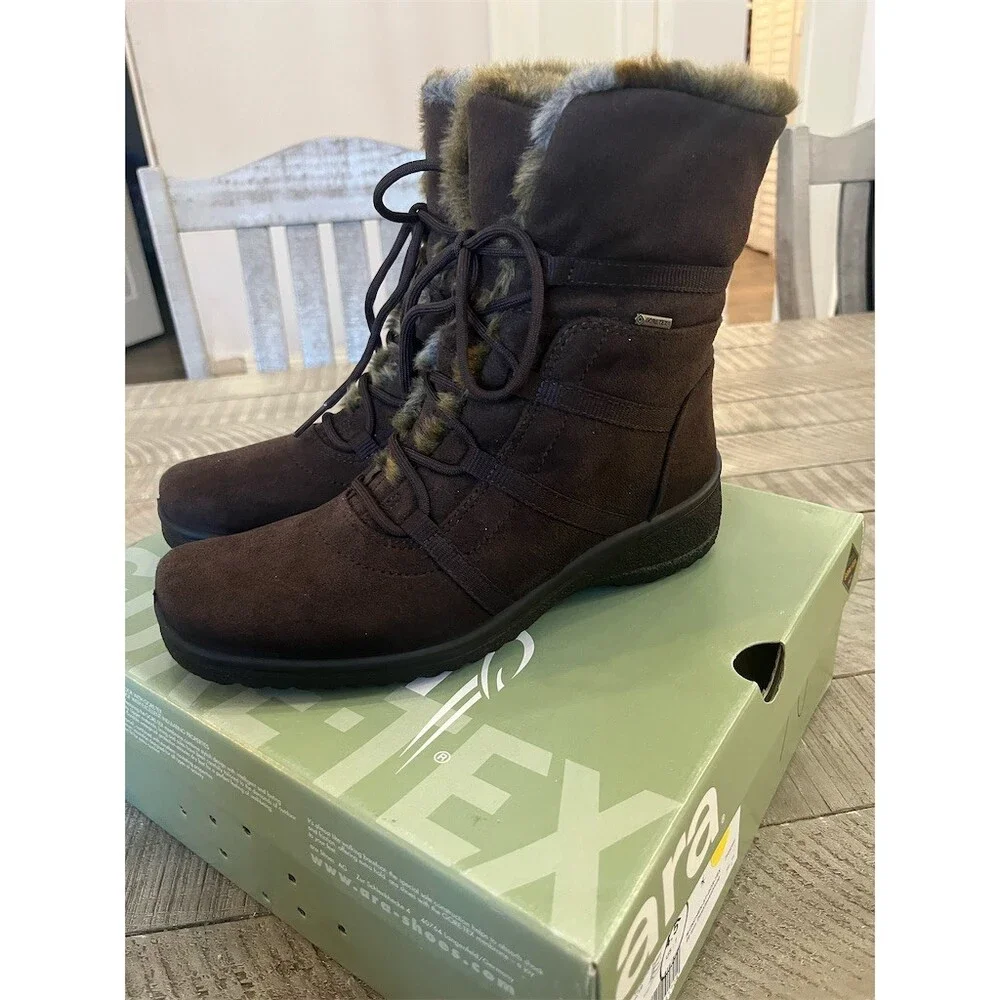 Ara Magaly Women's Snow Boots Brown Waterproof Lace Up Faux Fur Size‎ 7